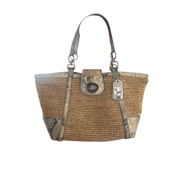 COACH Hampton straw & snakeskin leather tote zebra print w/wristlet Purse - Picture 2 of 9